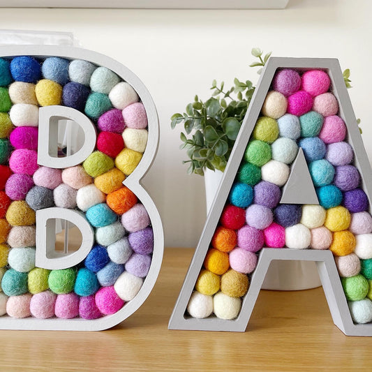 Wooden Rainbow Pom Pom Letter - 20cm Light Grey