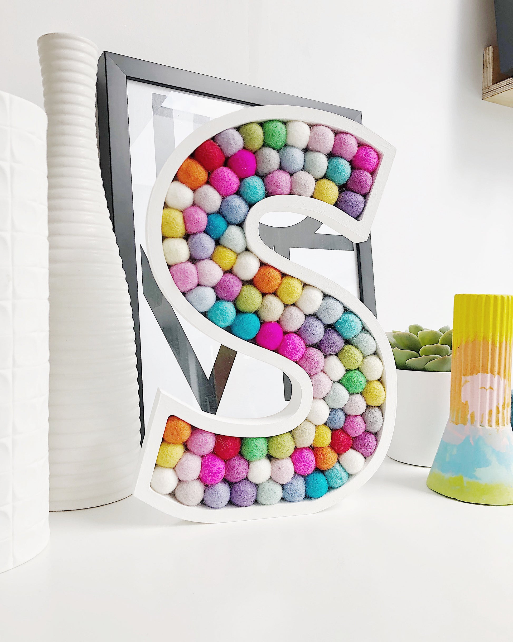 A-Z Rainbow PomPom Wooden Wall Letter -  30cm White