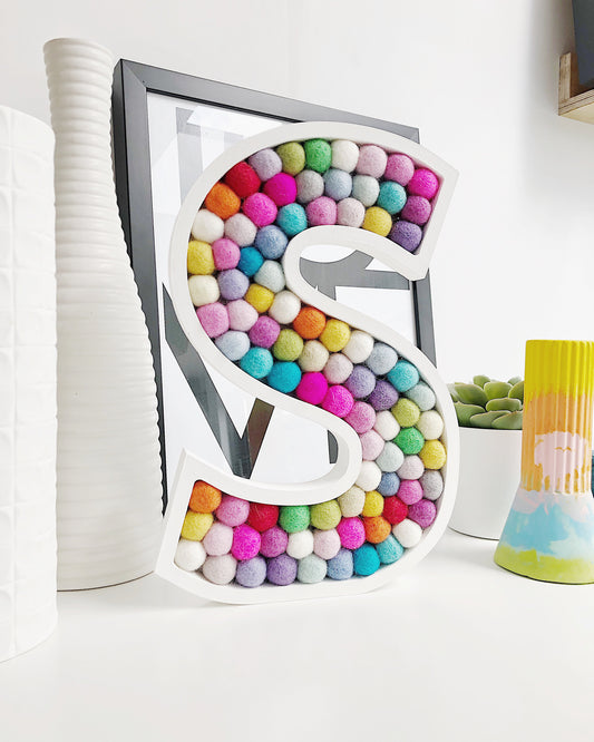 A-Z Rainbow PomPom Wooden Wall Letter -  30cm White