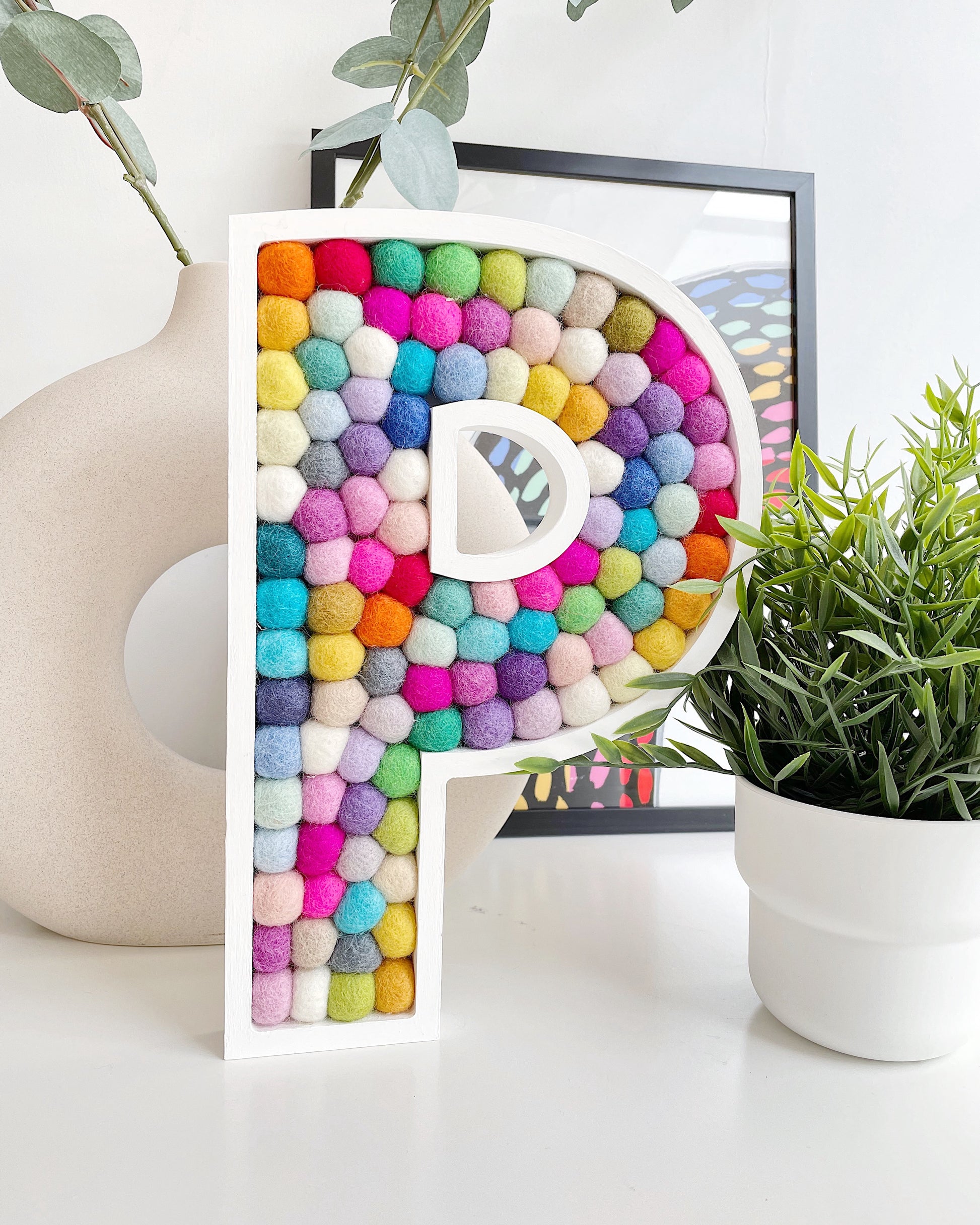 A-Z Rainbow PomPom Wooden Wall Letter -  30cm White