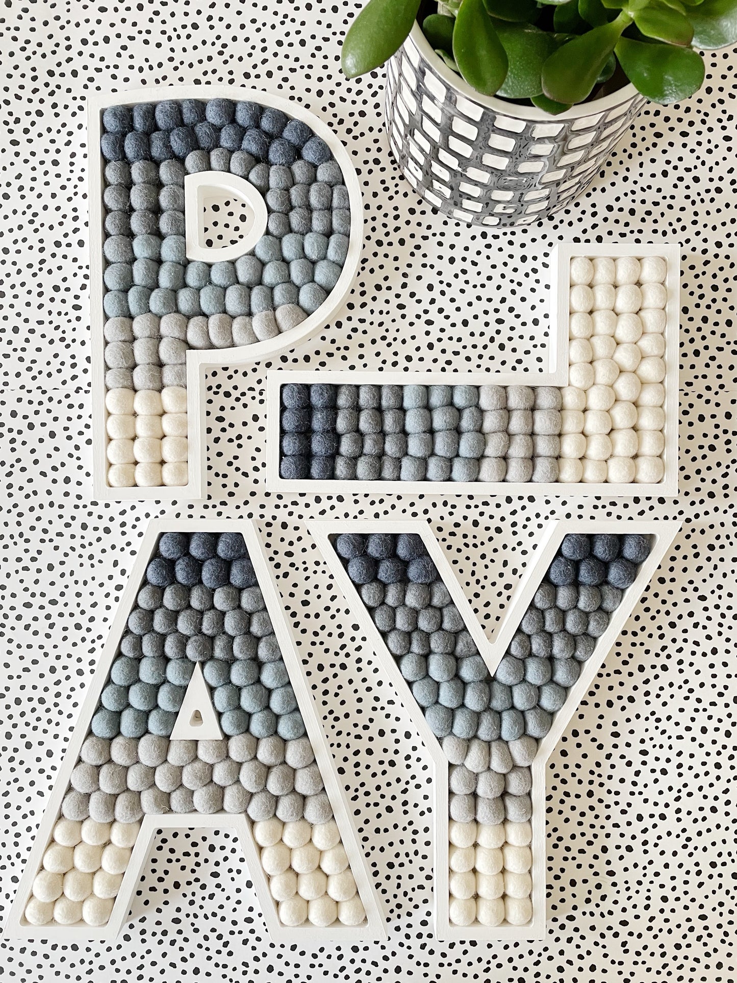 4 Letter Word Grey Pom Pom Letters. LOVE, PLAY, HOME - 30cm