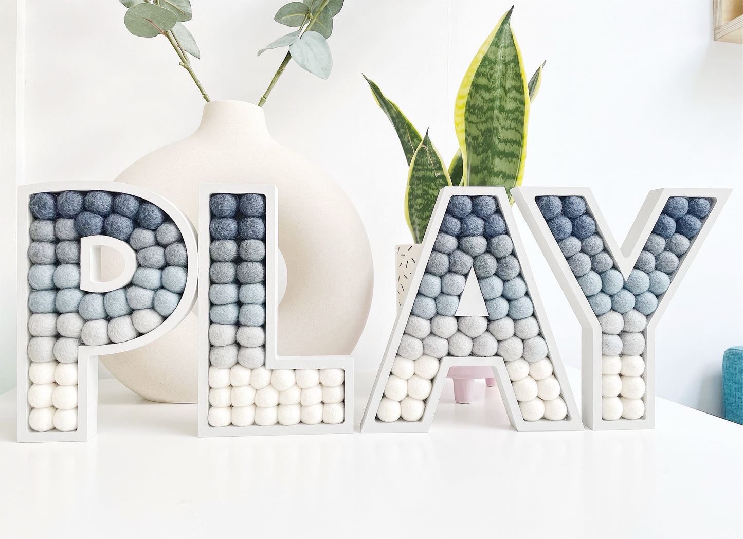 4 Letter Word Grey Pom Pom Letters. LOVE, PLAY, HOME - 20cm