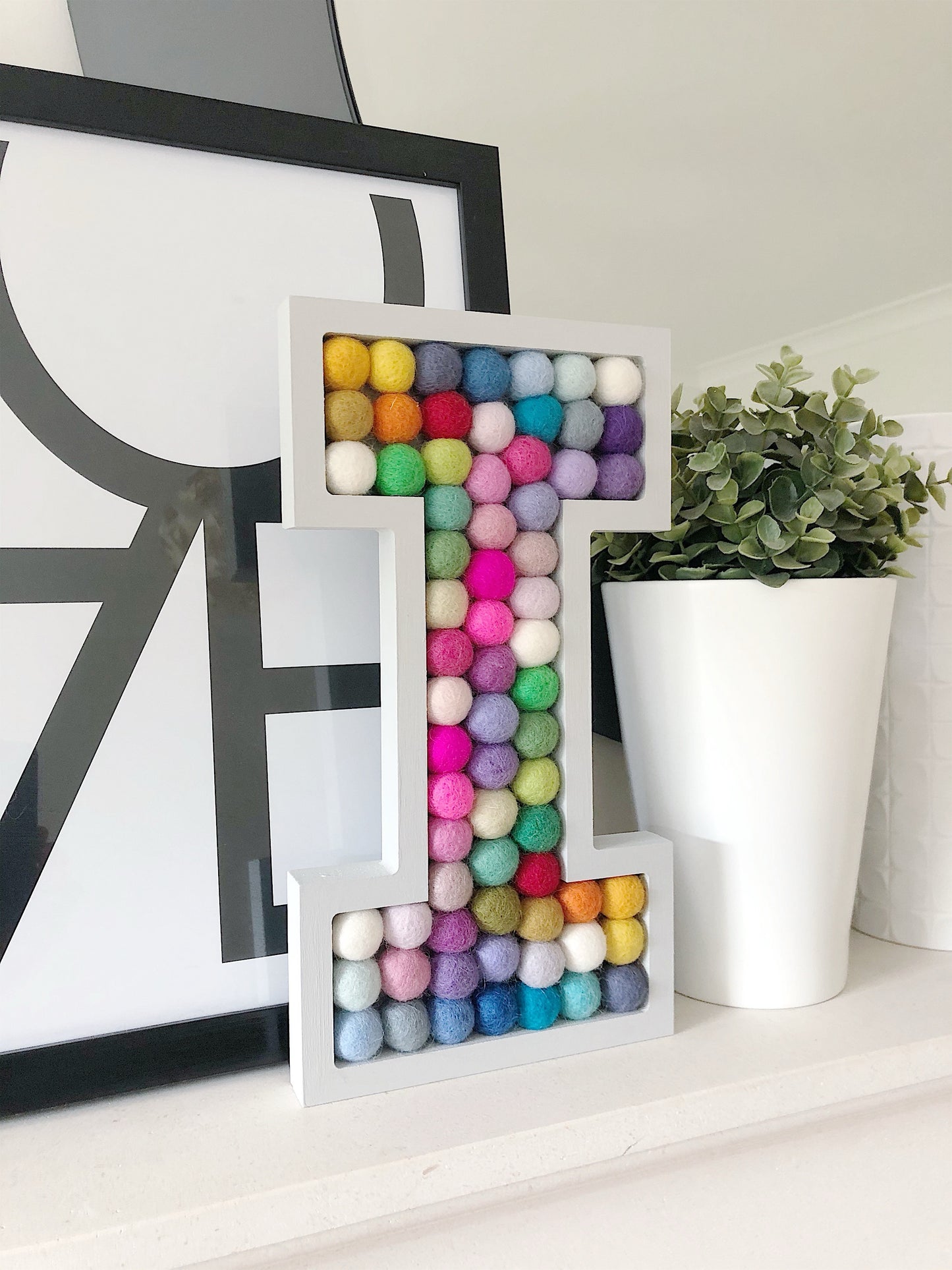 A-Z Rainbow PomPom Wooden Wall Letter - 30cm Light Grey