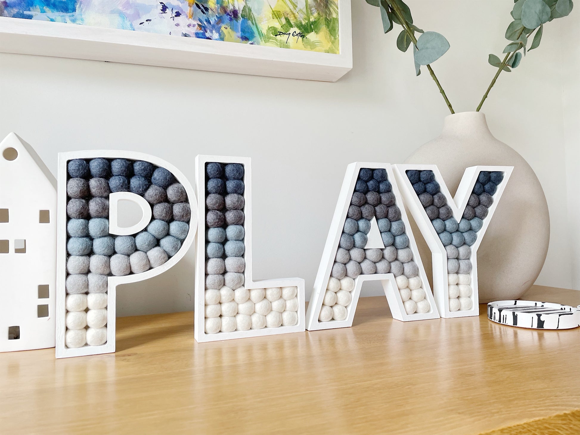 4 Letter Word Grey Pom Pom Letters. LOVE, PLAY, HOME - 20cm