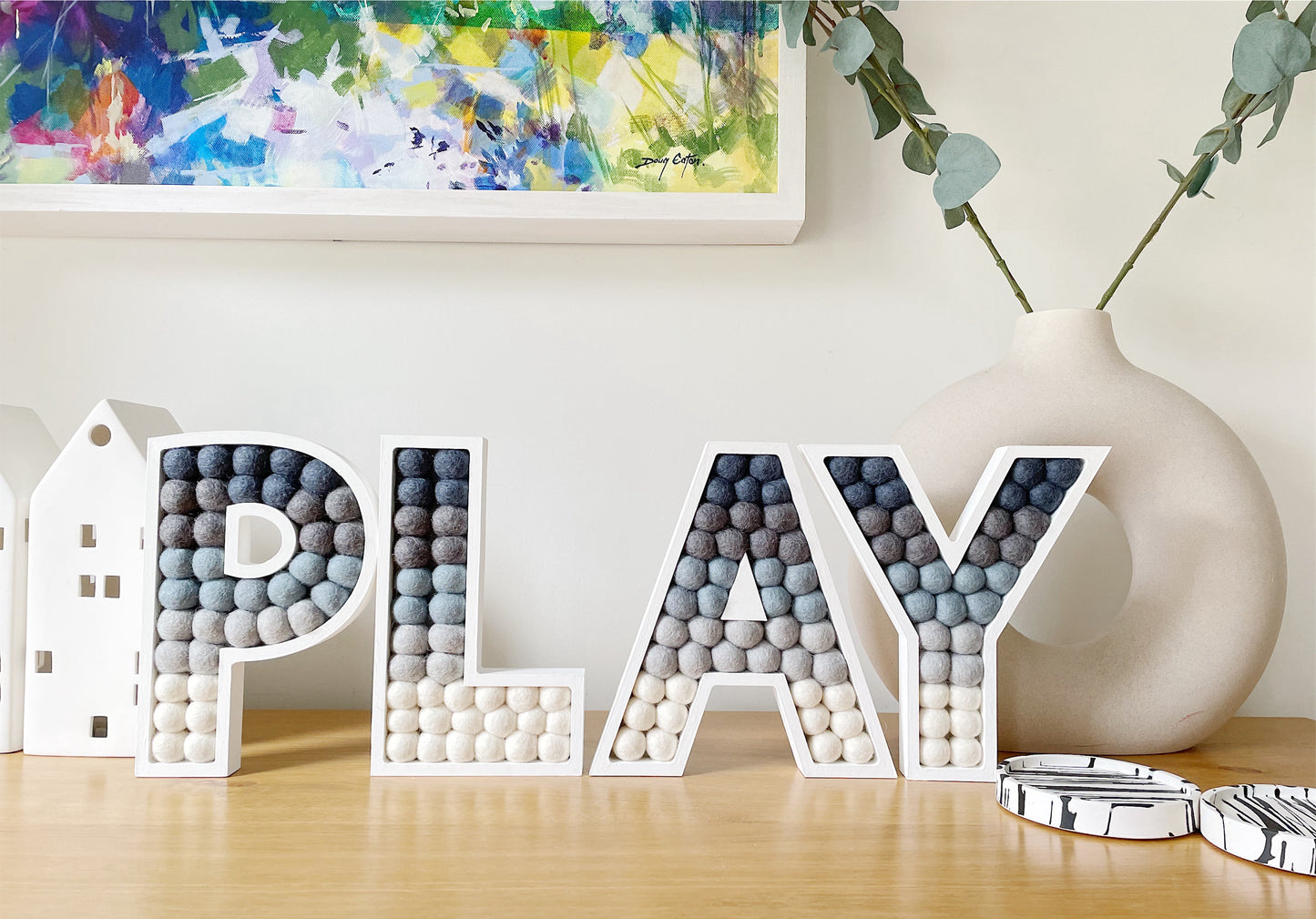 4 Letter Word Grey Pom Pom Letters. LOVE, PLAY, HOME - 20cm