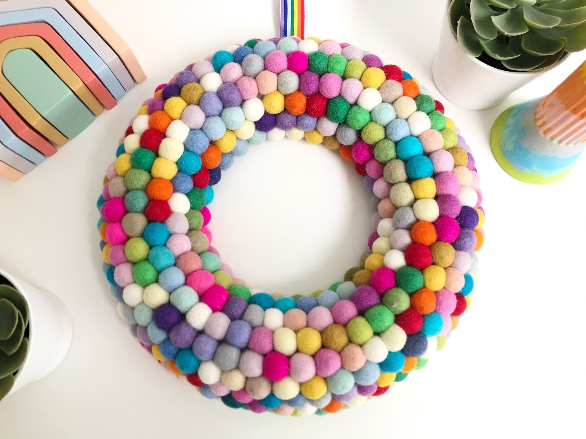 Rainbow Pom Pom Wreath - Large